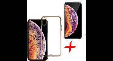 Transparant Hoesje geschikt voor iPhone Xs / X Soft TPU Gel Siliconen Case Goud + Tempered Glass Screenprotector iCall