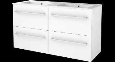 Basic Start 46 badmeubelset met wastafelonderkast met grepen, 4 lades en porseleinen wastafel met 2 kraangaten 120 x 46 cm, ice white