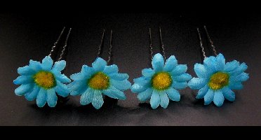 Haarpinnen bloem blauw-geel set van 4 stuks.