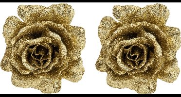 2x stuks decoratie bloemen roos goud glitter op clip 10 cm - Decoratiebloemen/kerstboomversiering/kerstversiering
