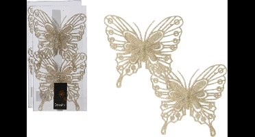 Decoris kerstboom decoratie vlinders op clip - 6x - champagne - 13 cm