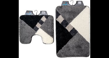 Wicotex - Badmat set met Toiletmat - WC mat met uitsparing Grijs - Zwart - Wit geblokt - Antislip onderkant