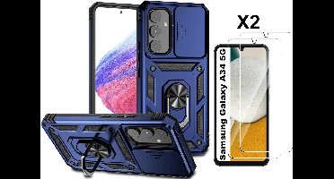 Hoesje Geschikt Voor Samsung Galaxy A34 hoesje Blauw met Ring Houder en camera bescherming - Galaxy A34 Screenprotector - 2 stuks