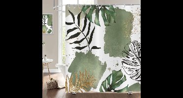 Luvetrex ® Moderne Badgordijn met Abstracte Bladeren in Groene, Zwarte en Gouden Tint, Waterbestendig en Wasbaar