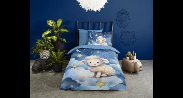 Pure dekbedovertrek schaap, sterren, maan - 1 persoons 140x200/220 cm - Blauw - Microvezel