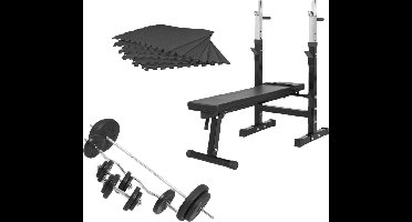 Gorilla Sports Halterbank zwart met 100 kg halterset - Fitnessbank - Verstelbaar - Halterstang met gewichten - Puzzelmat