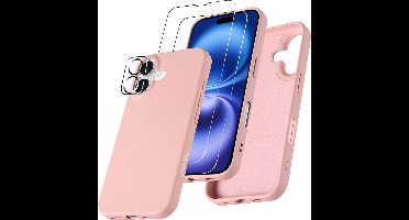 Hoesje Geschikt voor iPhone 16 – Zacht siliconen liquid backcover met 2x screenprotectors gehard glas en 1x lens protector – Zand