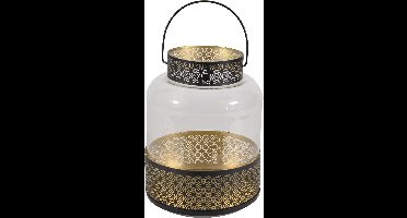 Lantaarn/windlicht zwart/goud Marokkaanse stijl 20 x 28 cm metaal en glas - Gebruik buiten/tuin/woonkamer - Thema Oosters/Arabisch