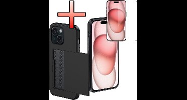 Hoes Geschikt voor iPhone 15 Plus Hoesje Pasjeshouder Hard Cover Met Screenprotector Shock Proof Hard Case Hoes Met Kaarthouder - Zwart