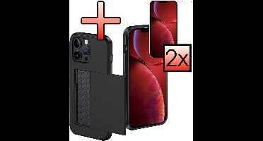 Hoes Geschikt voor iPhone 14 Pro Hoesje Pasjeshouder Hard Cover Met 2x Screenprotector Shock Proof Hard Case Hoes Met Kaarthouder - Zwart