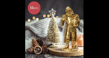 Gouden polyresin kerstman op voetstuk - 18 cm