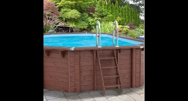 Interline zwembad Sumatra 6,40 x 4,00m ovaal - Houten constructie - Op- en inbouw - Inclusief filterset - Inclusief zwembadtrap - Gratis onderhoudsset