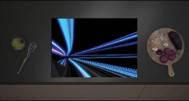 Inductie Beschermer - Blauwe en Paarse Neon Strepen in Zwarte Omgeving - 70x52 cm - 2 mm Dik - Inductieplaat Beschermer met zwarte kern