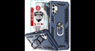 Hoesje Geschikt Voor Samsung Galaxy A32 5G Hoesje Anti-Shock Hybrid Armor hoesje Blauw - Hoesje Geschikt Voor Samsung Galaxy A32 hoesje kickstand Ring houder TPU backcover hoesje - met screenprotector Galaxy A32 5G - 2 pack