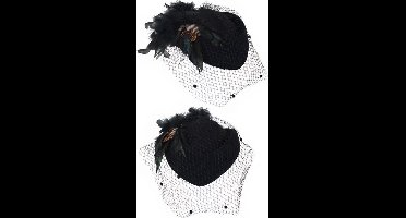 Dameshoed wolvilt zwart met bolletjes gaas en groen/zwarte veren maat 57-58