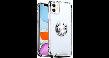 Hoesje Geschikt voor iPhone 11 silicone - shock proof met Ringhouder – Transparant / Zilver