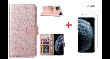 Hoesje Geschikt voor iPhone 11 Pro Max Portemonnee hoesje + 2X Screenprotector - Rosegoud