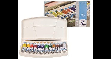Water Colour set 12 kleuren 10 ml tubes aquarel aquarelverf met penseel, sponsje en mengschaal transparante waterverf