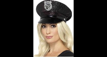 Smiffys Politie pet - zwart - pailletten - dames - politiepetje - agent - politie - verkleedaccessoires - Carnaval