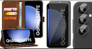 Hoesje geschikt voor Samsung Galaxy S23 FE - Privacy Screenprotector Volledig Dekkend Glas & Camera - Portemonnee Book Case Bruin