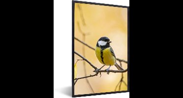 PosterMonkey - Poster - Fotolijst - Vogel - Koolmees - Geel - Takken - Blad - 60x90 cm - Poster dieren - Poster vogels - Foto lijst - Poster met kader - Frame