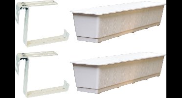 Set van 5 kunststof plantenbakken wit rechthoekig 80 cm met 10 verstelbare railing beugels