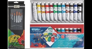 Toppoint Acrylverf schilderset - 12x gekleurde tubes van 12 ml - met 7x schilderpenselen