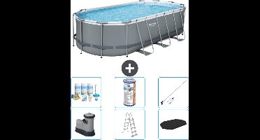 Bestway Ovaal Power Steel Zwembad - 549 x 274 x 122 - Grijs - Inclusief Pomp - Ladder - Afdekzeil Onderhoudspakket - Filter - Schoonmaakset