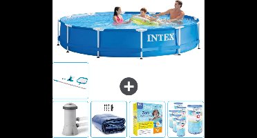 Intex Rond Frame Zwembad - 366 x 76 cm - Blauw - Inclusief Pomp Solarzeil - Onderhoudspakket - Filters - Schoonmaakset