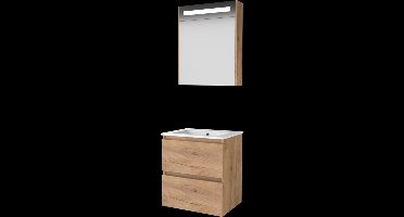Basic Premium 46 badmeubelset met spiegelkast met geïntegreerde LED verlichting, greeploze wastafelonderkast met 2 lades en porseleinen wastafel met 1