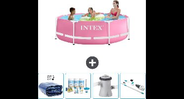 Intex Rond Frame Zwembad - 244 x 76 cm - Roze - Inclusief Solarzeil - Onderhoudspakket - Zwembadfilterpomp - Stofzuiger