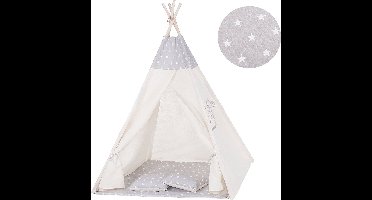 Springos Tipi Tent | Wigwam Speeltent | 120x100x180 cm | Inclusief Mat | Inclusief Kussens | Naturel Grijs | Sterren