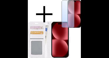 Hoesje - Met Screenprotector - Geschikt voor Apple iPhone 15 - Luxe Pasjeshouder - Bookcase Portemonee - Flip Case - Kunstleer Book Case - Flipcase - Book Cover - Walletcase - Portemonneehoes - Wit