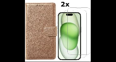 Hoesje Geschikt voor iPhone 15 hoesje bookcase met 2x screenprotector – Goud