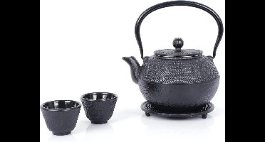Theeservies van gietijzer, theepot 1,1 l met afneembare zeef, theemaker met onderzetter, theepotset in vintage design voor het bereiden van losse thee, zwart