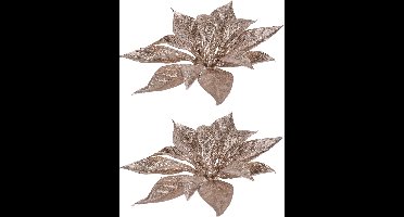 2x stuks decoratie bloemen kerststerren roze glitter op clip 18 cm - Decoratiebloemen/kerstboomversiering