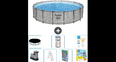 Bestway Rond Steel Pro MAX Zwembad - Steenprint - 549 x 122 - Inclusief Pomp - Ladder - Afdekzeil - Filter - Onderhoudspakket - 8-delig