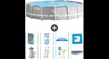 Intex Rond Prism Frame Zwembad - 427 x 107 cm - Grijs - Inclusief Pomp - Ladder - Grondzeil - Afdekzeil - Filter - Vloertegels - 9-delig