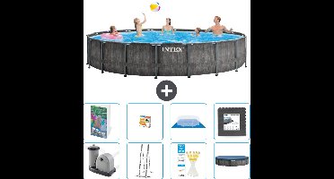 Intex Rond Prism Frame Greywood Zwembad - 549 x 122 cm - Inclusief Pomp - Ladder - Grondzeil - Afdekzeil - Speelgoed - Vloertegels - 9-delig