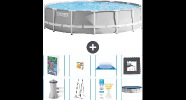 Intex Rond Prism Frame Zwembad - 427 x 107 cm - Grijs - Inclusief Pomp - Ladder - Grondzeil - Afdekzeil - Speelgoed - Vloertegels - 9-delig