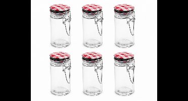 Glazen Voorraadpotjes Set van 6 – 90 ml – Metalen Rood-Wit Ruitdeksel – Weckpotjes / Kruidenpotjes – 4,5 x 4,5 x 8,5 cm Rond