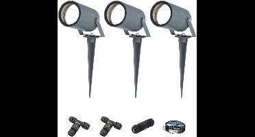 Set van 3 Spikey LED prikspots - GU10 4 Watt 345 Lumen - Dimbaar - Kantelbaar - 6500K daglicht wit - IP64 Waterdicht - Antraciet - Tuinspots - Pinspots - Inclusief installatiemateriaal (Kabel & connector)