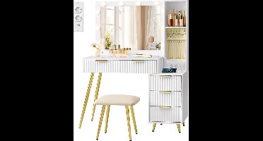 Sierra, Make-uptafel met spiegel en kruk, make-uptafel met laden, 10 x vergrootglas, ledverlichting, sieradendienblad, stekkerdoos, 40 x 110 x 135 cm, wolkenwit RVT020WB01