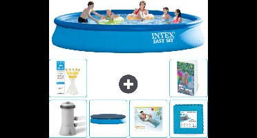 Intex Rond Opblaasbaar Easy Set Zwembad - 457 x 84 cm - Blauw - Inclusief Pomp Afdekzeil - Loungebed - Vloertegels - 7-delig
