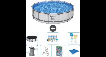 Bestway Rond Steel Pro MAX Zwembad - 457 x 107 cm - Grijs - Inclusief Pomp - Ladder - Afdekzeil - Onderhoudspakket - Grondzeil - 8-delig