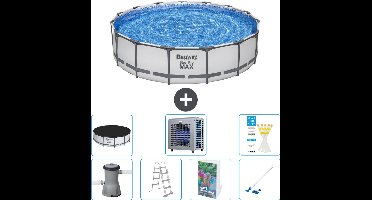 Bestway Rond Steel Pro MAX Zwembad - 457 x 107 cm - Grijs - Inclusief Pomp - Ladder - Afdekzeil - Warmtepomp - Stofzuiger - 8-delig