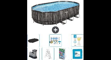 Bestway Ovaal Power Steel Zwembad - 610 x 366 x 122 - Grijs - Inclusief Pomp - Ladder - Afdekzeil - Onderhoudspakket - Vloertegels - 8-delig