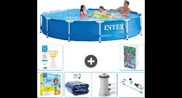 Intex Rond Frame Zwembad - 366 x 76 cm - Blauw - Inclusief Onderhoudspakket - Solarzeil - Zwembadfilterpomp - Stofzuiger - 7-delig