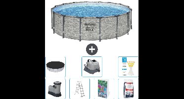 Bestway Rond Steel Pro MAX Zwembad - Steenprint - 488 x 122 cm - Inclusief Pomp - Ladder - Afdekzeil - Zoutwatersysteem - Zwembadzout - 8-delig