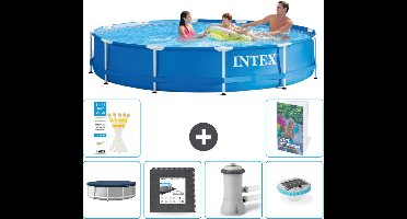 Intex Rond Frame Zwembad - 366 x 76 cm - Blauw - Inclusief Afdekzeil - Vloertegels - Zwembadfilterpomp - Verlichting - 7-delig